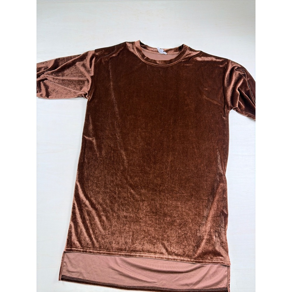 Loveriche Brown Velvet T-Shirt Dress Short Sleeve Crew Neck High-Low Hem Large